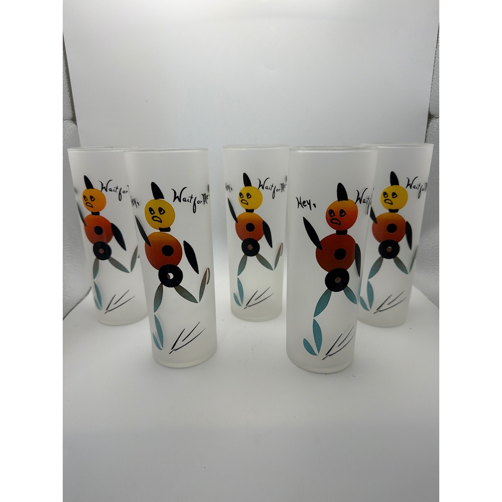 Vintage Frosted Glass Tumblers Hey Wait for Me Mid Century Modern Set of 5